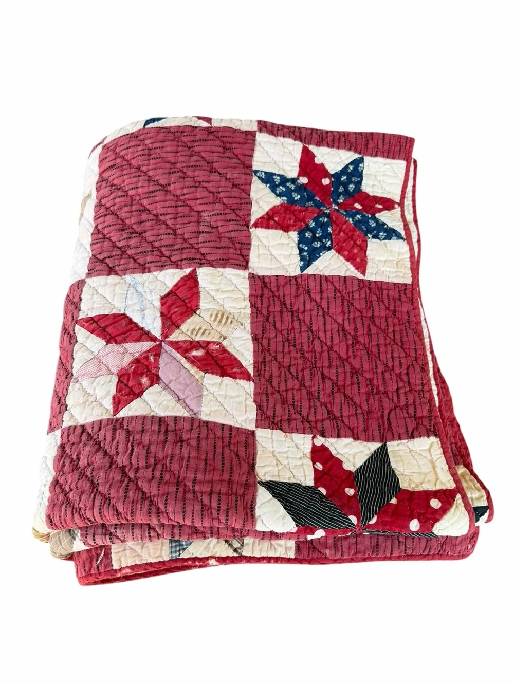 Vintage Lemoyne Star Hand Sewn Quilt Americana Vibes Gauzy Cotton 64x78 CUTTER